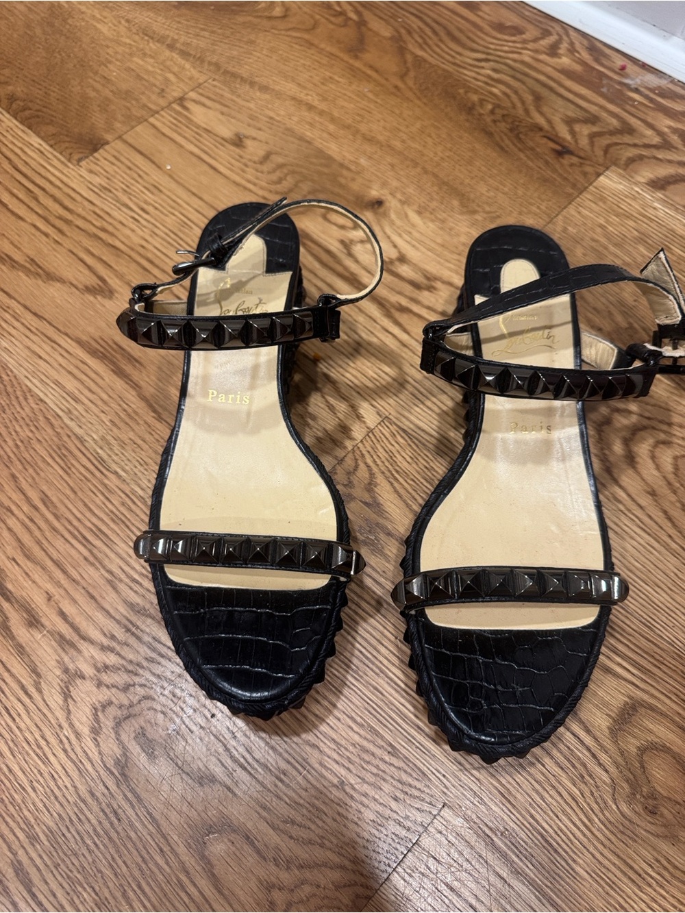 Christian Louboutin Black Croc-Embossed Studded Ankle-Strap Sandals